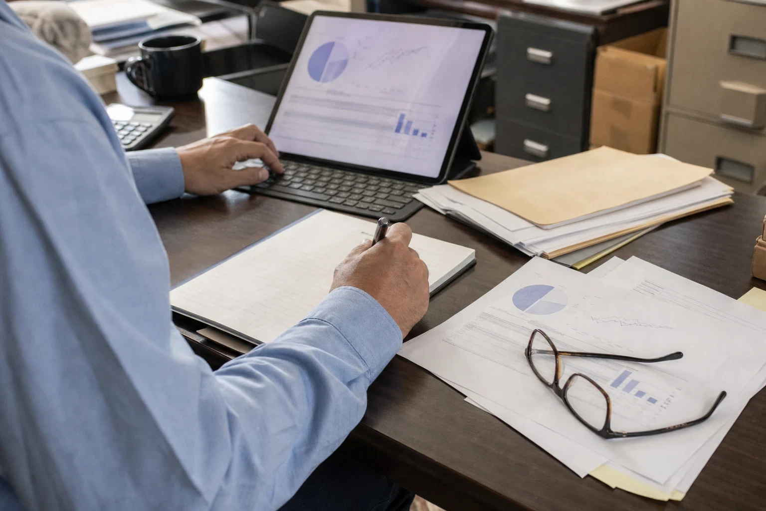 Person in a blue shirt reviewing charts on a tablet and taking notes at a cluttered office desk with printed reports, glasses and filing cabinets