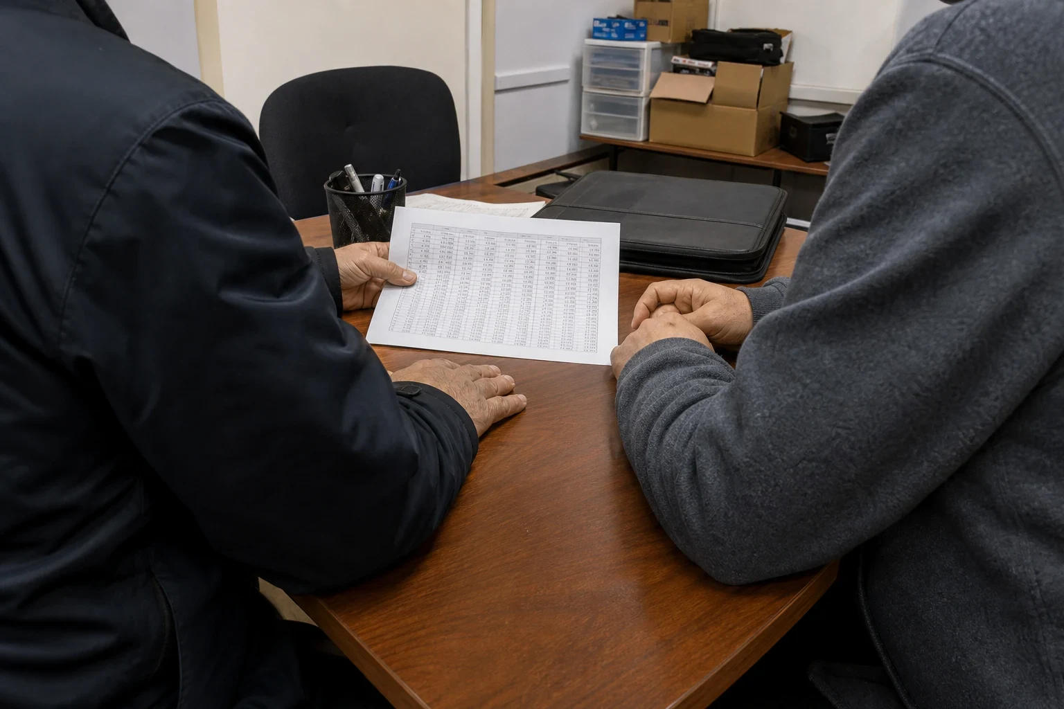 Two people seated at a wooden office table reviewing a printed table of figures, with a pen cup, black portfolio, and storage boxes on a shelf behind