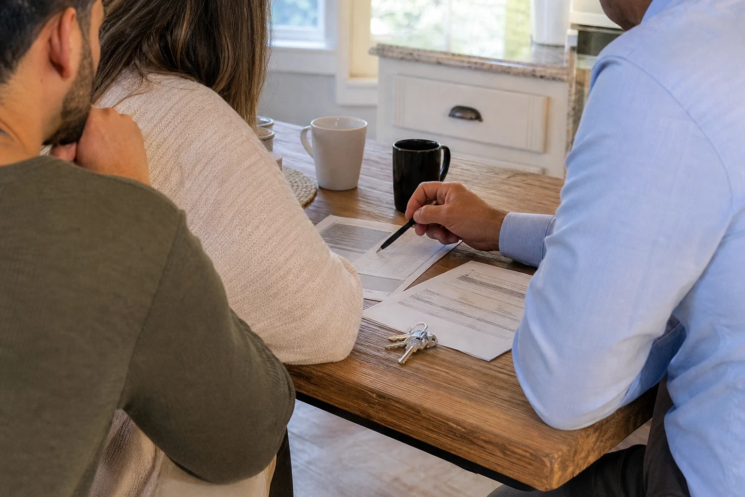 Agent in a light blue shirt points a pen at printed papers on a wooden kitchen table beside a couple, with house keys and coffee mugs nearby